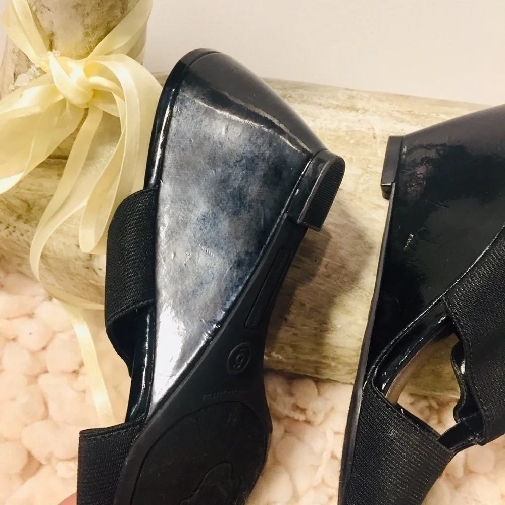 Etienne Aigner | Black Patent Leather Wedge Open Toe Heels 6